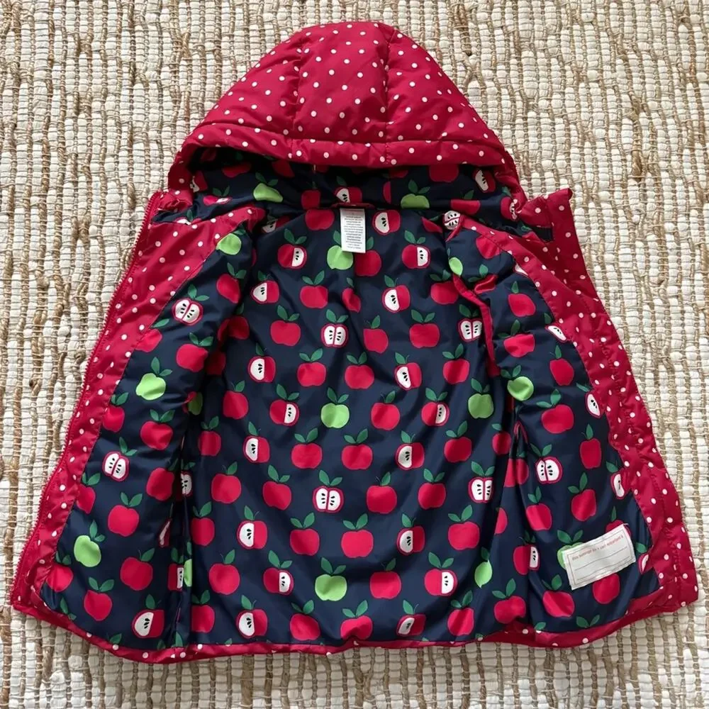 Gymboree Girls Hooded Reversible Puffer Vest Red White Polka Dot Apple Print 6